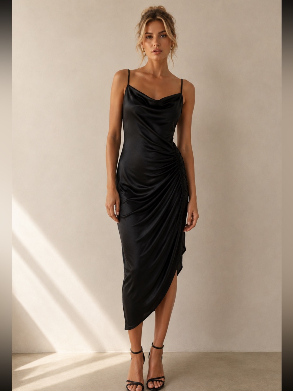 Posh Couture Black Satin Slip Dress with Thin Straps